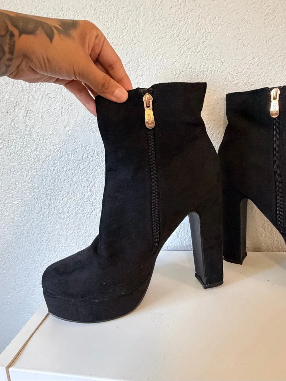 Black Platform Suede Ankle Boots - Women's High Heel Bootie